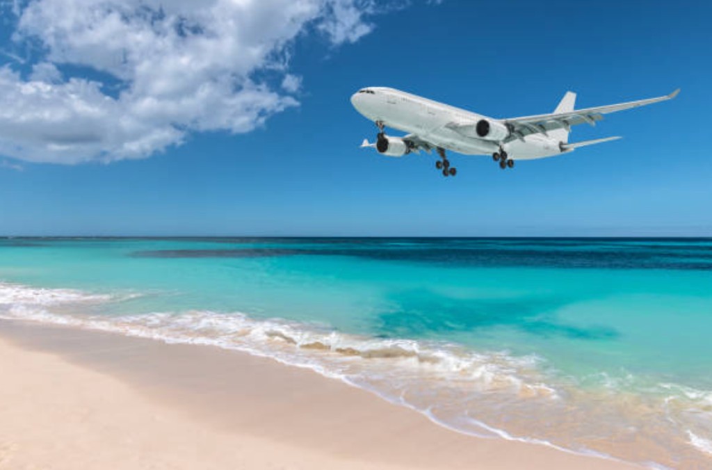 Aircraft landing over Maho Beach in St Maarten