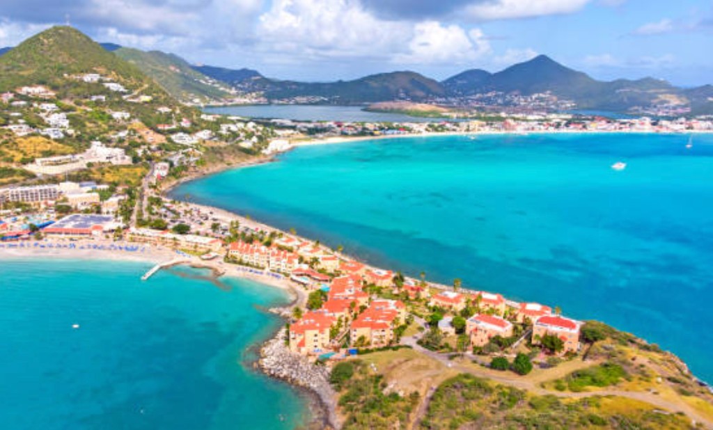 Aerial coastline view of St Maarten from above Philipsburg
